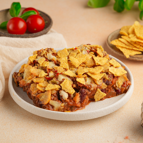 Vegan 5 Bean Chili Topped with a Tortilla and Jalapeno Crust