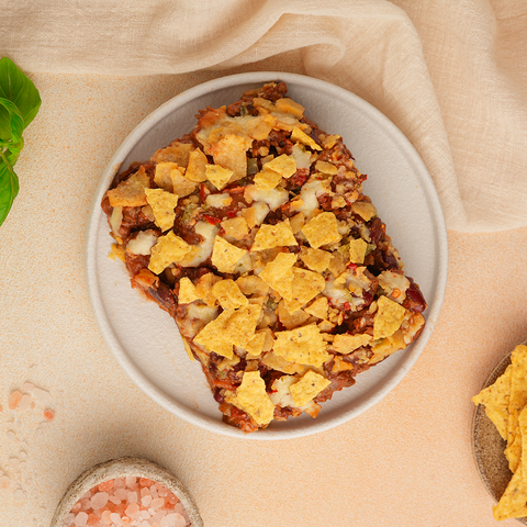 Vegan 5 Bean Chili Topped with a Tortilla and Jalapeno Crust